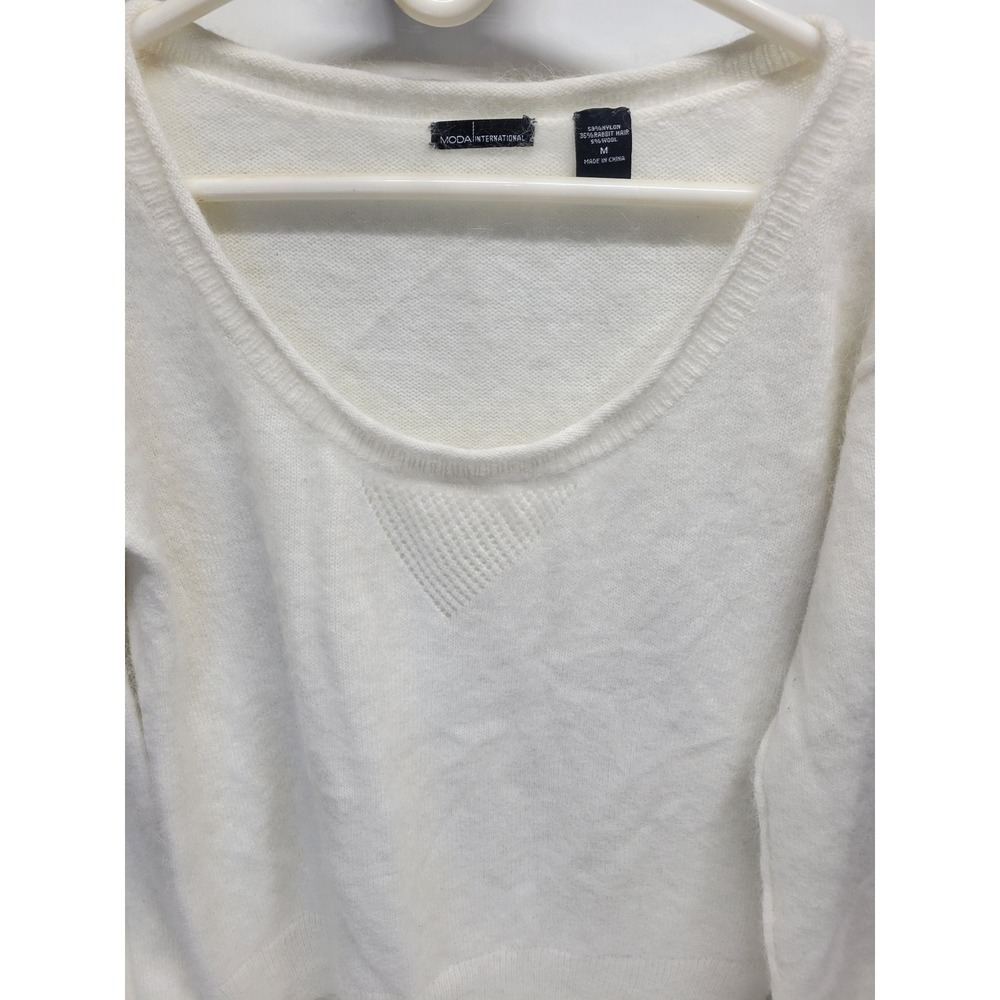 Vtg Moda International Cream White Fuzzy Rabbit Hair Wool Blend Sweater Top Sz M